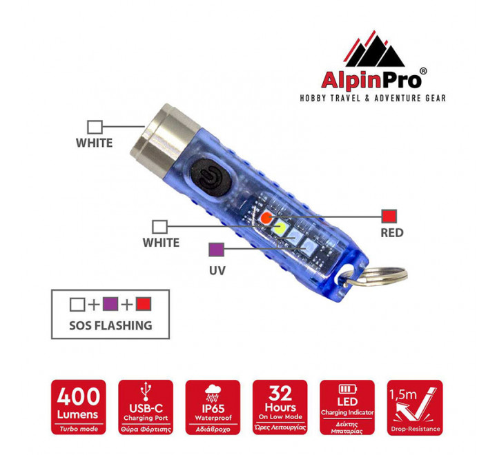 AlpinPro Επαναφορτιζόμενος Φακός LED Αδιάβροχος Μπλέ S11-BE