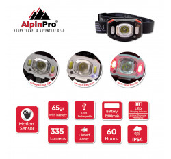 Alpinpro Φακός Κεφαλής Με UV Επαναφορτιζόμενος Sensor R+ 335lm C-10RD-UV