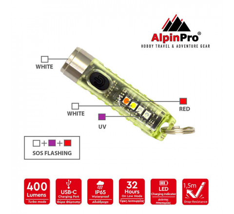 AlpinPro Επαναφορτιζόμενος Φακός LED Αδιάβροχος Κίτρινος S11-WL