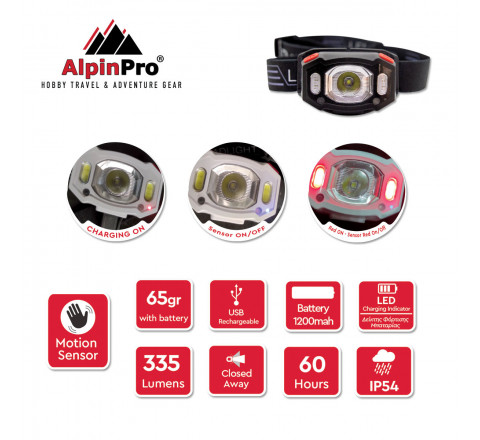 Alpinpro Φακός Κεφαλής Επαναφορτιζόμενος Sensor R+ 335lm C-10RD-WT