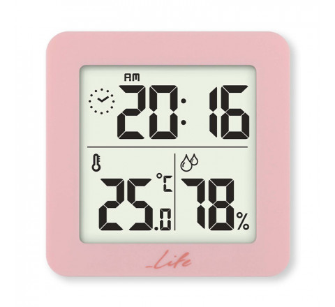 Life Ψηφιακό Θερμόμετρο Υγρόμετρο Με Ρολόι Ροζ 221-0226