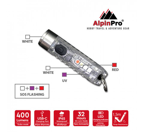 AlpinPro Επαναφορτιζόμενος Φακός LED Αδιάβροχος Λευκός S11-WT